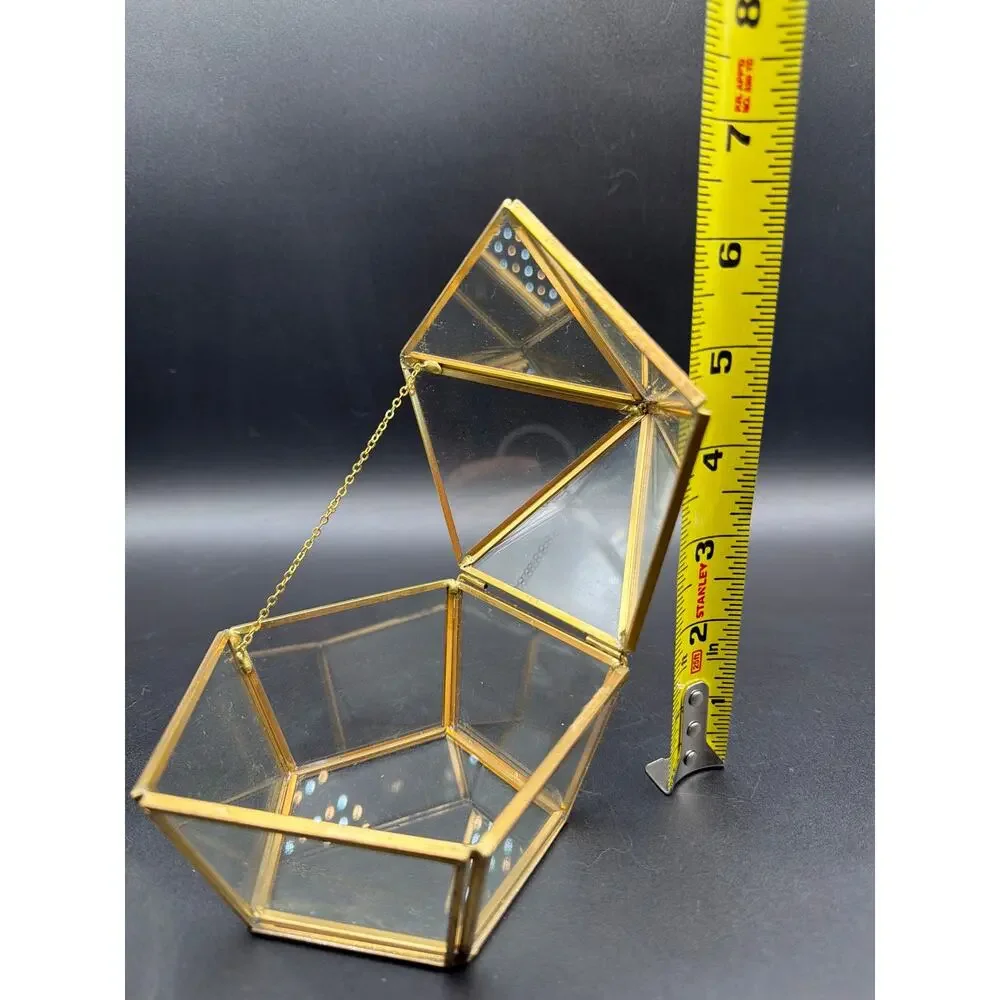Vintage Brass Glass Pentagon Trinket Box Hinged Jewelry Case Terrarium 6.5